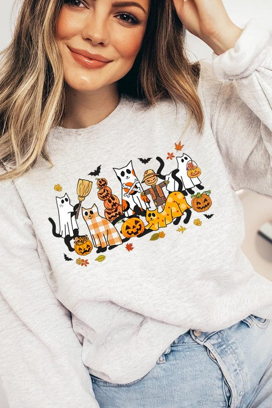 Black Cat Halloween Graphic Fleece Sweatshirt
